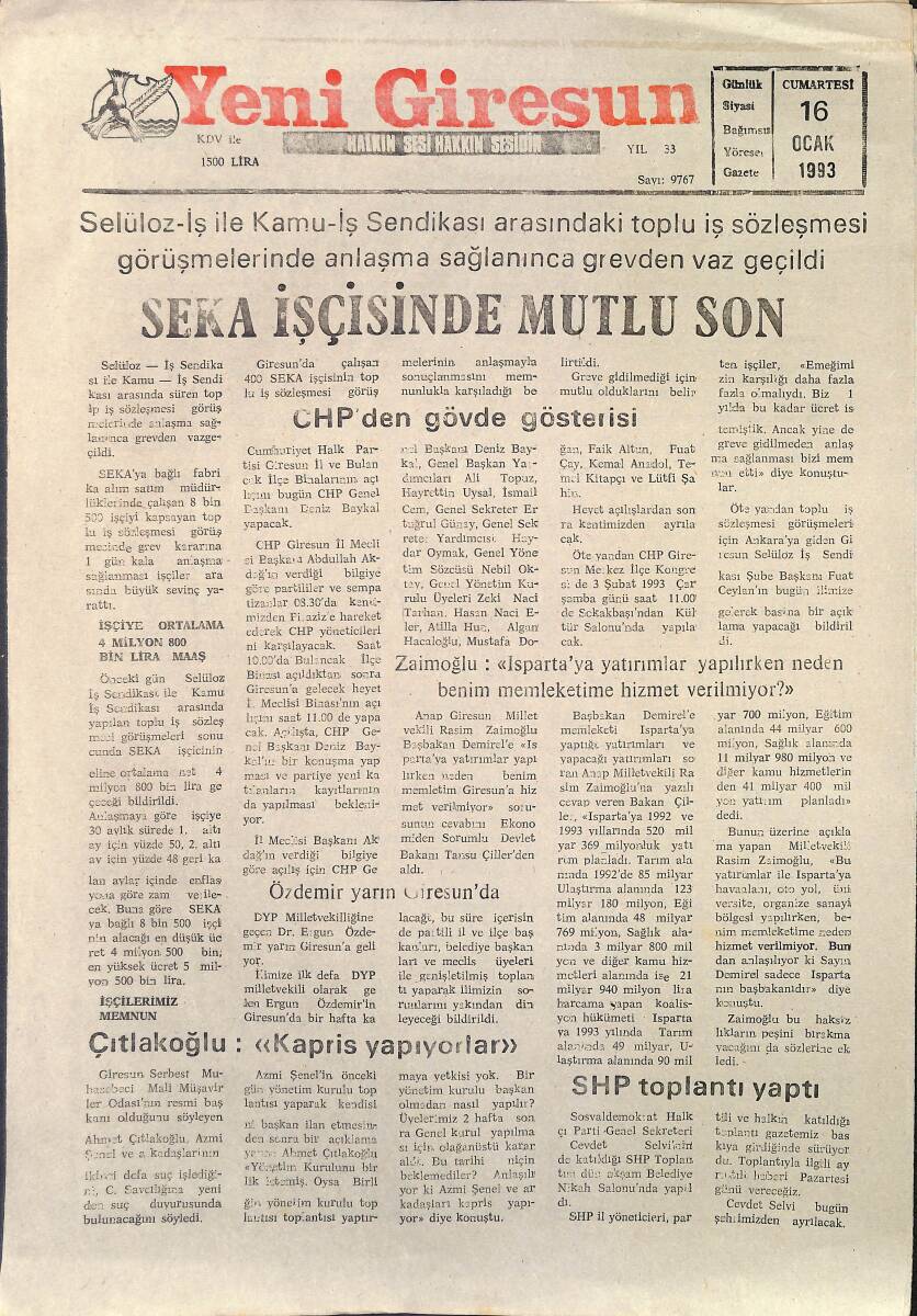 Yeni Giresun Gazetesi 16 Ocak 1993 - Seka İşçisinde Mutlu Son - Giresunspor'da Görev Değişikliği GZ2961 - 1