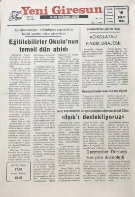 Yeni Giresun Gazetesi 16 Şubat 1994 Fiskobirlikten Yeni Ürün Çikolatalı Fındık Drajesi GZ30220 - 1