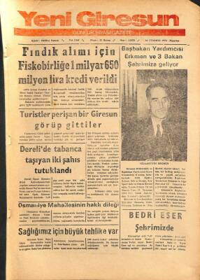 Yeni Giresun Gazetesi 16 Temmuz 1973 - Nizamettin Erkmen Şehrimize Geliyor GZ108493 - 1