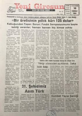 Yeni Giresun Gazetesi 16 Temmuz 1994Vergi Yüzsüzleri AçıklandıSeka Liste Başı GZ30055 - 1