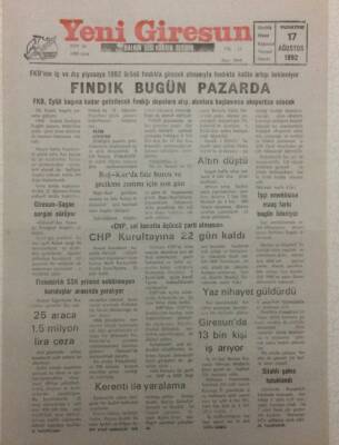 Yeni Giresun Gazetesi 17 Ağustos 1993 - Fındık Bugün Pazarda GZ32126 - 1