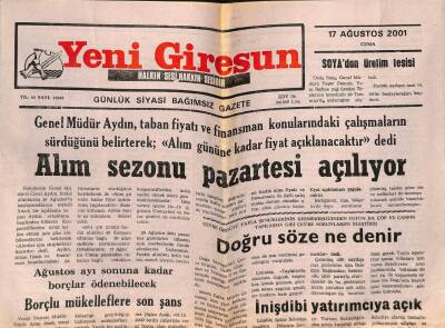 Yeni Giresun Gazetesi 17 Ağustos 2001 - Borçlu Mükelleflere Son Şans GZ107899 - 1