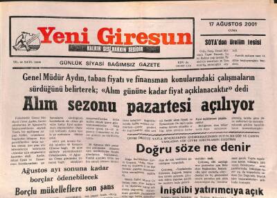 Yeni Giresun Gazetesi 17 Ağustos 2001 - Fındık Alım Sezonu Pazartesi Açılıyor GZ107898 - 1