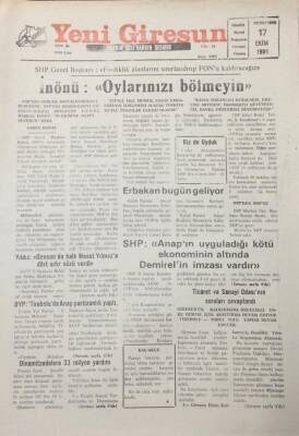 Yeni Giresun Gazetesi 17 Ekim 1991 Giresunda Halk Mesut Yılmaza Dört Sıfır Sözü Verdi GZ25629 - 1