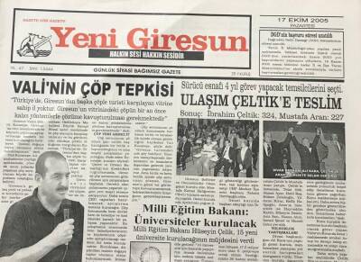 Yeni Giresun Gazetesi 17 Ekim 2005 Milli Eğitim Bakanı Hüseyin Çelik ,15 Yeni Üniversite Kurulacağının Müjdesini Verdi GZ30655 - 1