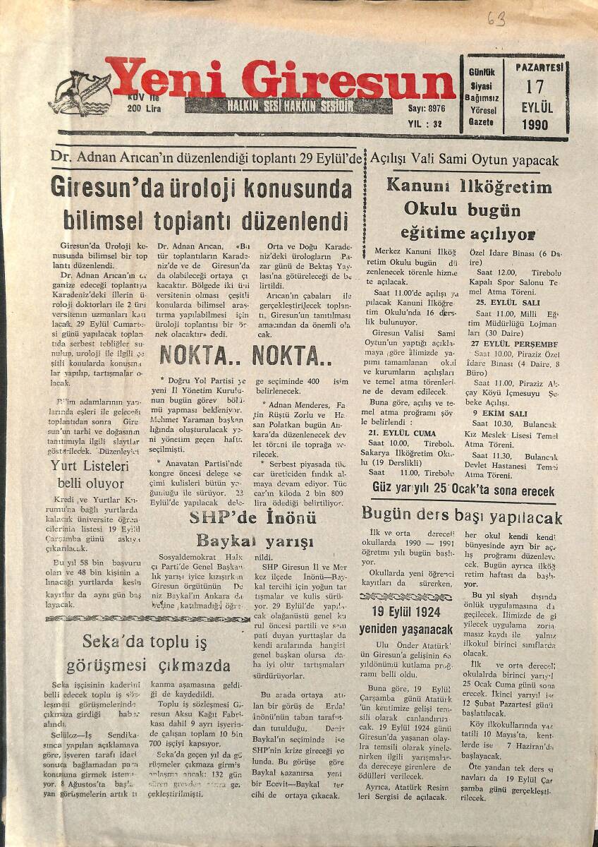 Yeni Giresun Gazetesi 17 Eylül 1990 - Giresun'da Üroloji Konusunda Bilimsel Toplantı Düzenlendi - Giresunspor'dan Gol Şov GZ2091 - 1