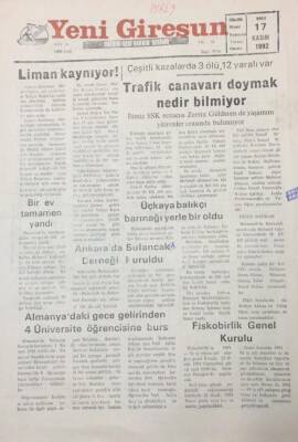 Yeni Giresun Gazetesi 17 Kasım 1992 Giresunspor 1 Milyon 250 Bin Lira Prim Verilecek GZ25697 - 1