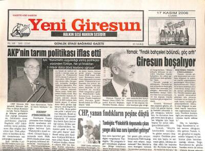 Yeni Giresun Gazetesi 17 Kasım 2006 - AKPnin Tarım Politikası İflas Etti GZ107948 - 1