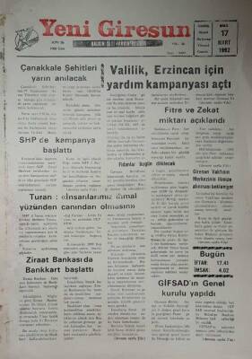 Yeni Giresun Gazetesi 17 Mart 1992-Vali Koç Giresunspora Destek Verecek GZ45761 - 1