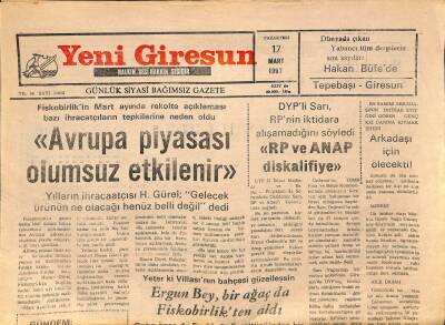 Yeni Giresun Gazetesi 17 Mart 1997 - DYPli Sarı , RPnin İktidara Alışamadığını Söyledi GZ77981 - 1