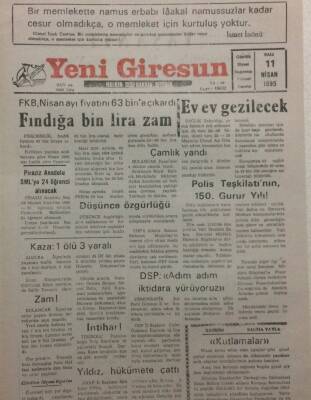 Yeni Giresun Gazetesi 17 Nisan 1995 - Fındığa Bin Lira Zam GZ34629 - 1