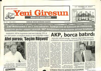Yeni Giresun Gazetesi 17 Temmuz 2007 - AKP Borca Batırdı GZ101943 - 1