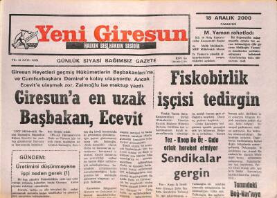 Yeni Giresun Gazetesi 18 Aralık 2000 - Giresuna En Uzak Başbakan Ecevit GZ107894 - 1