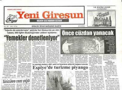 Yeni Giresun Gazetesi 18 Ekim 2006 - Espiyede Turizme Piyango GZ107925 - 1