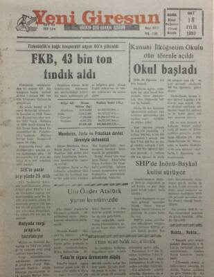 Yeni Giresun Gazetesi 18 Eylül 1990 - FKB 43 Bin Ton Fındık Aldı GZ34562 - 1