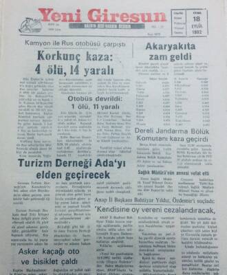 Yeni Giresun Gazetesi 18 Eylül 1992 - Korkunç Kaza 4 Ölü GZ40727 - 1