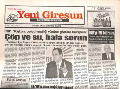 Yeni Giresun Gazetesi 18 Kasım 2006 - Çöp Ve Su Hala Sorun GZ107949 - 1