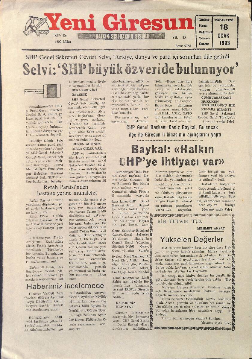 Yeni Giresun Gazetesi 18 Ocak 1993 - Yeşil-Beyazlılar Espiye İlçesine Pide Yemeye Gittiler - Baykal, Bulancak İle Giresun İl Binasının Açılışını Yaptı GZ2962 - 1