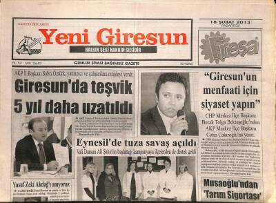 Yeni Giresun Gazetesi 18 Şubat 2013 - Giresunda Teşvik 5 Yıl Daha Uzatıldı - Eynesilde Tuza Savaş Açıldı GZ93786 - 1