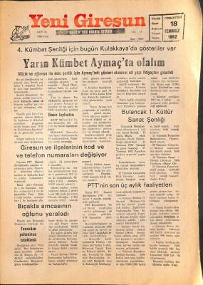 Yeni Giresun Gazetesi 18 Temmuz 1992 - Giresun Ve İlçelerinin Kod Ve Telefon Numaraları Değişiyor GZ108001 - 1