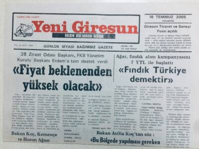 Yeni Giresun Gazetesi 18 Temmuz 2005 - Fındık Türkiye Demektir GZ41361 - 1