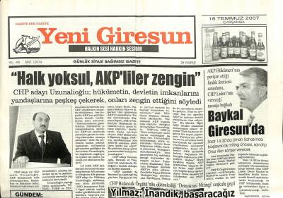 Yeni Giresun Gazetesi 18 Temmuz 2007 - Deniz Baykal Giresunda GZ101777 - 2