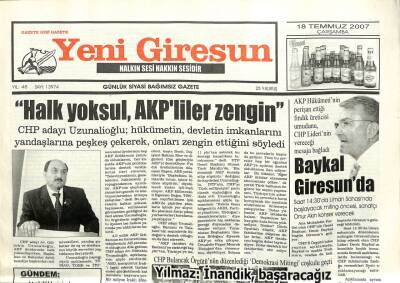 Yeni Giresun Gazetesi 18 Temmuz 2007 - Halk Yoksul AKPliler Zengin GZ101942 - 1