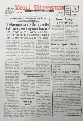 Yeni Giresun Gazetesi 19 Ağustos 1994Turgut Özala Tepki Büyüyor GZ25999 - 1