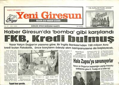 Yeni Giresun Gazetesi 19 Ağustos 2006 - FKB Kredi Bulmuş GZ101890 - 2