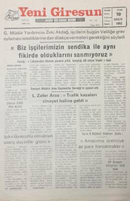 Yeni Giresun Gazetesi 19 Aralık 1992 Emniyet Müdürü ArasTrafik Kazaları Cinayet Haline Geldi GZ25527 - 1