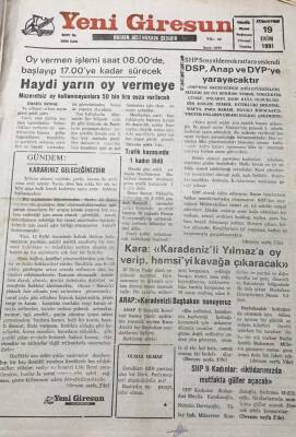 Yeni Giresun Gazetesi 19 Ekim 1991 Kara Karadenizli Yılmaza Oy Verip Hamsiyi Kavağa ÇıkaracakGZ30277 - 1