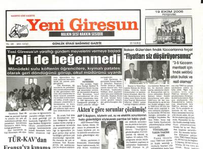 Yeni Giresun Gazetesi 19 Ekim 2006 - Şahinden Fındık Üreticilerine Uyarı Karnenizi Kullandırtmayın GZ107926 - 1