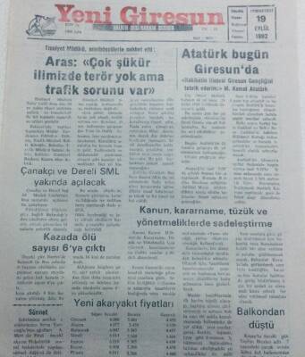 Yeni Giresun Gazetesi 19 Eylül 1992 - Atatürk Bugün Giresunda GZ40726 - 1