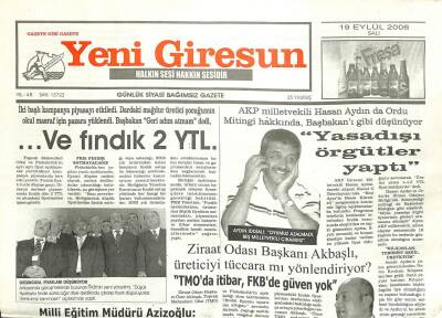 Yeni Giresun Gazetesi 19 Eylül 2006 - Ve Fındık 2 YTL Oldu GZ101885 - 1