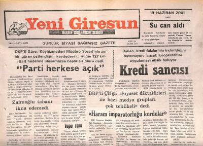 Yeni Giresun Gazetesi 19 Haziran 2001 - Rasim Zaimoğlu Tabanı İkna Edemedi GZ107854 - 1