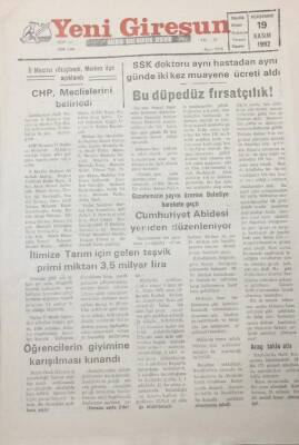 Yeni Giresun Gazetesi 19 Kasım 1992 Cumhuriyet Abidesi Yeniden Düzenleniyor GZ25637 - 1