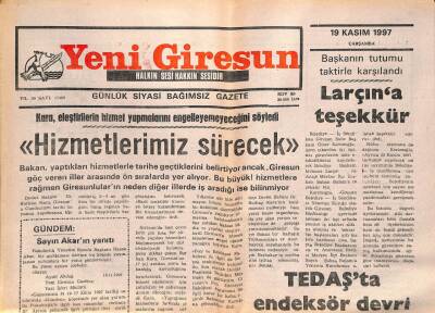 Yeni Giresun Gazetesi 19 Kasım 1997 - Mehmet Larçına Teşekkür GZ107878 - 1