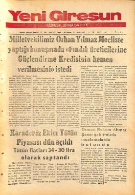 Yeni Giresun Gazetesi 19 Mart 1974 - Milletvekili Orhan Yılmaz Mecliste Fındık Üreticilerine Güçlendirme Kredisinin Hemen Verilmesini İstedi GZ108527 - 1