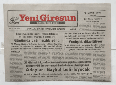 Yeni Giresun Gazetesi 19 Mayıs 2003 - Günümüz Bağımsızlık Günü GZ3892 - 1