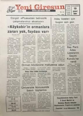 Yeni Giresun Gazetesi 19 Şubat 1994 Orman Köylüsüne Maliyetine Odun GZ25985 - 1