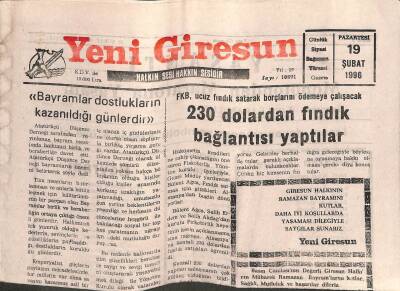 Yeni Giresun Gazetesi 19 Şubat 1996 - FKB Ucuz Fındık Satarak Borçlarını Ödemeye Çalışacak GZ107904 - 1