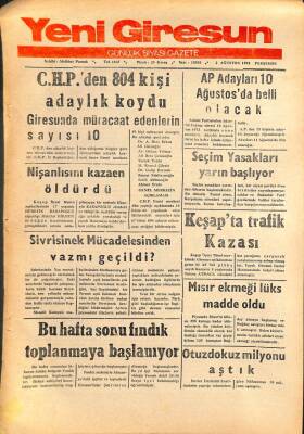 Yeni Giresun Gazetesi 2 Ağustos 1973 - CHPden 804 Kişi Adaylık Koydu GZ108550 - 1
