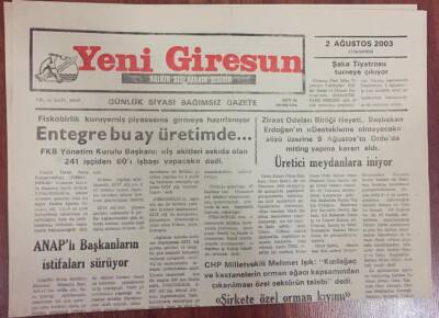 Yeni Giresun Gazetesi 2 Ağustos 2003 - Üretici Meydanlara İniyor GZ13457 - 1