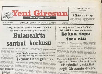 Yeni Giresun Gazetesi 2 Aralık 2000 Zaimoğlu İle Bakan Enis Öksüz OR-Gİ Konusunda Tartıştı GZ30308 - 1