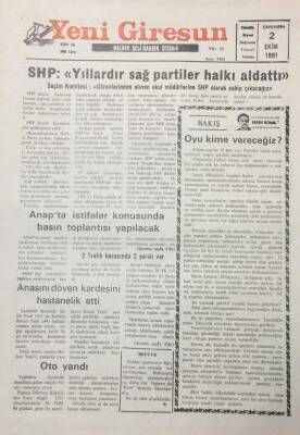 Yeni Giresun Gazetesi 2 Ekim 1991 Anapta İstifalar GZ25543 - 1