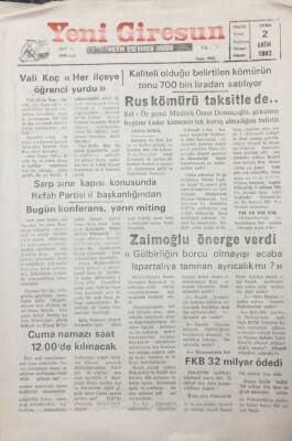 Yeni Giresun Gazetesi 2 Ekim 1992 Zaimoğlu Önergeyi Verdi GZ25604 - 1