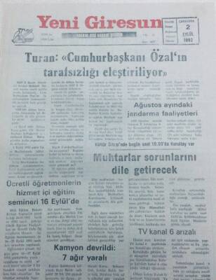 Yeni Giresun Gazetesi 2 Eylül 1992 - Muhtarlar Sorunlarını Dile Getirecek GZ40732 - 1