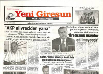 Yeni Giresun Gazetesi 2 Eylül 2006 - AKP Alivreciden Yana GZ107844 - 1