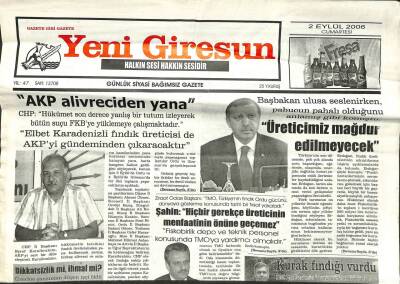 Yeni Giresun Gazetesi 2 Eylül 2006 - AKP Alivreciden Yana GZ108837 - 1