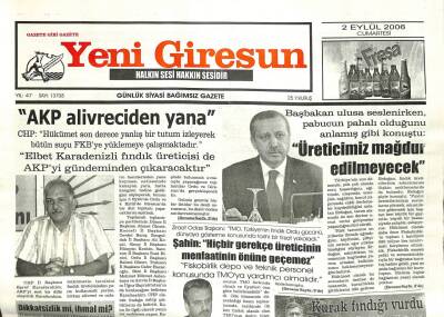 Yeni Giresun Gazetesi 2 Eylül 2006 - Üreticimiz Mağdur Edilmeyecek GZ101863 - 1